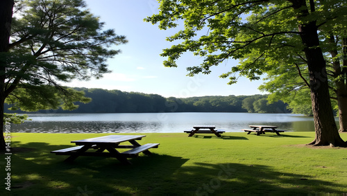 Serene lakeside park featuring picnic areas