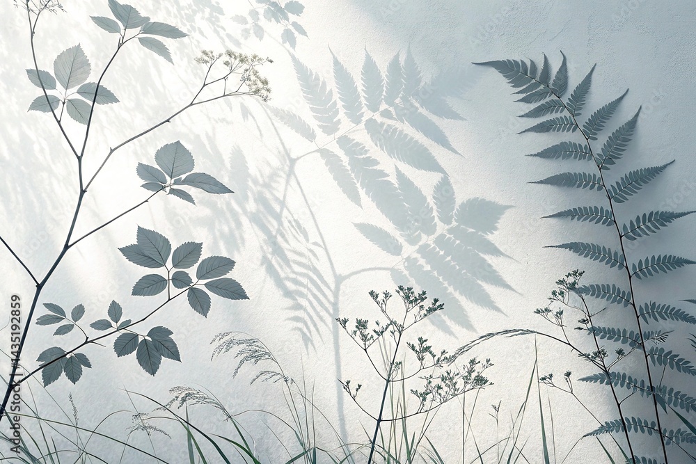 Fototapeta premium Elegant Botanical Illustration with Leaves and Ferns on Light Background