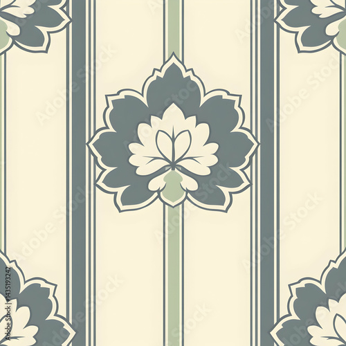 Elegant Floral Pattern On Cream Background With Grey Stripes