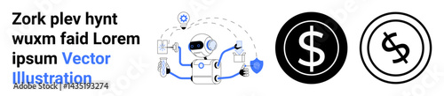 AI robot managing multitasking tasks, data charts, protected shield, and network connections. Ideal for technology, AI, automation, data security innovation robotics workflows. Abstract line flat