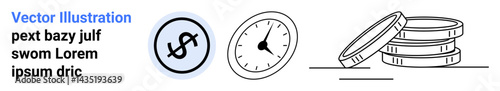 Dollar sign in a circle, clock face, and stacked coins highlighting themes thumbs up finance, time efficiency, investment. Ideal for financial planning, time management, business strategy, savings