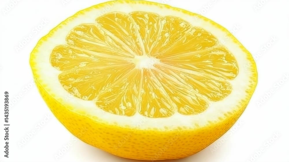 Vibrant lemon half reveals juicy segments on a clean white surface, perfect for health and nutrition content, recipe visuals, and vibrant culinary illustrations. Vibrant lemon half reveals juicy segments on a clean white surface, perfect for health and nutrition content, recipe visuals, and vibrant culinary illustrations.