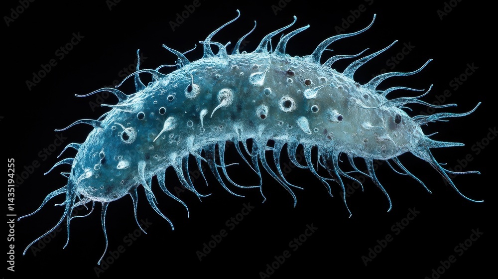 Isolated close-up of a bacterium with detailed flagella and 3D textures, bacteria, cellular microbiology. Isolated close-up of a bacterium with detailed flagella and 3D textures, bacteria, cellular microbiology.