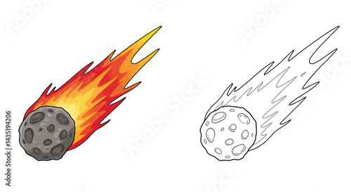 Meteoroid: A fiery meteoroid streaks across the night sky, with a blazing trail and a rocky exterior. Its contrasting outline allows for both color and monochrome applications.