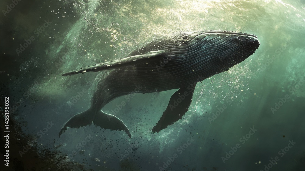 Obraz premium Close-up of a whale leaping from the sea, water droplets frozen in mid-air, natural ocean hues and realistic whale texture