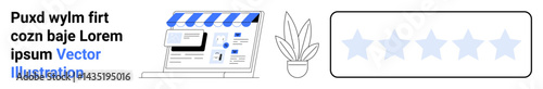 Laptop with blue storefront awning, potted plant, and five-star review bar. Ideal for e-commerce, customer feedback, retail branding, online reviews, business ratings, product trust flat landing