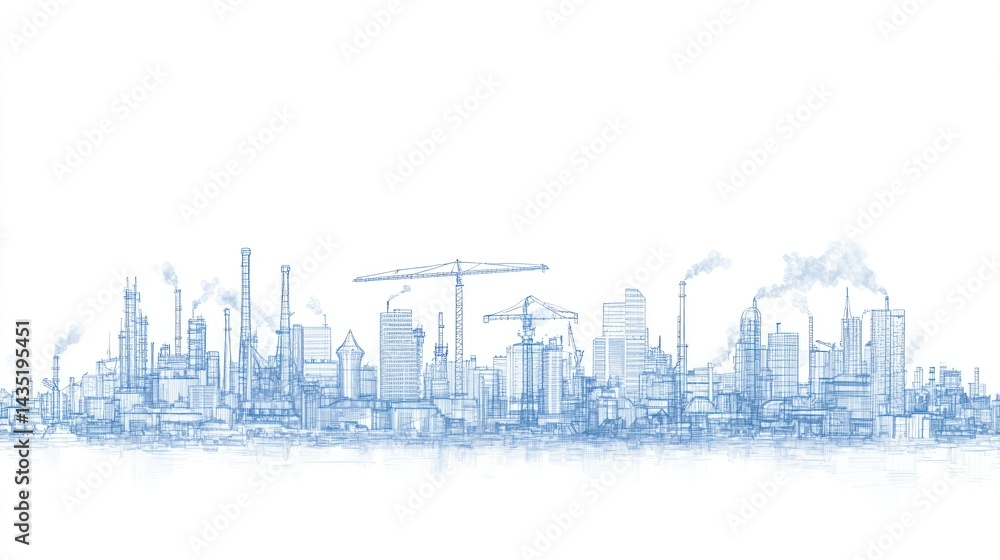 Fototapeta premium Industrial city blueprint sketch, horizontal format, background use