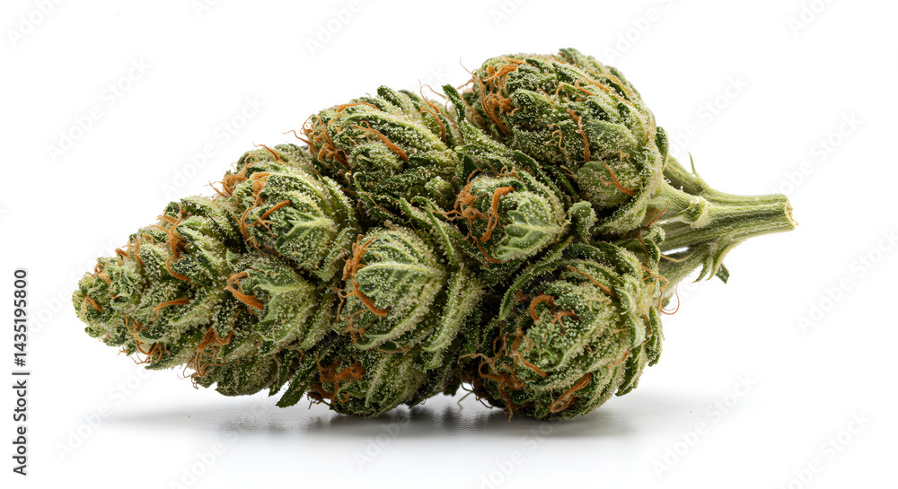 Obraz premium Isolated Cannabis Nud Close Up in Studio White Backdrop Revealing Dense Trichomes and Orange Pistils