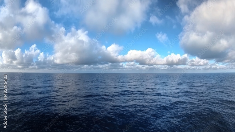 Serene ocean expanse under a vast sky filled with fluffy clouds capturing the tranquil mood of the open water with a calming blue hue and soft light from a low angle Serene ocean expanse under a vast sky filled with fluffy clouds capturing the tranquil mood of the open water with a calming blue hue and soft light from a low angle