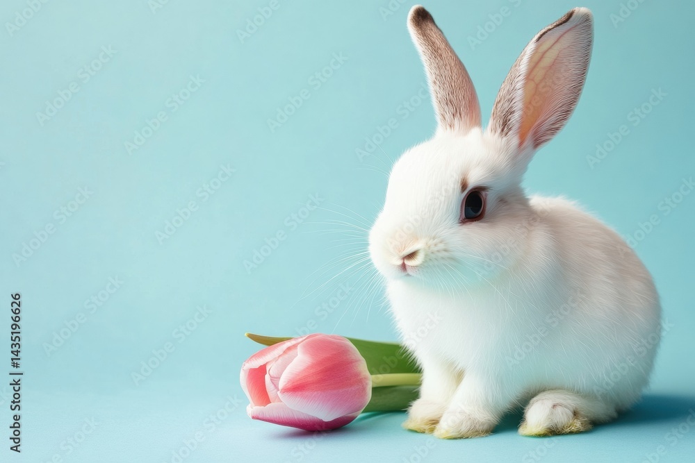 Fototapeta premium Adorable white rabbit with pink tulip on bright blue background