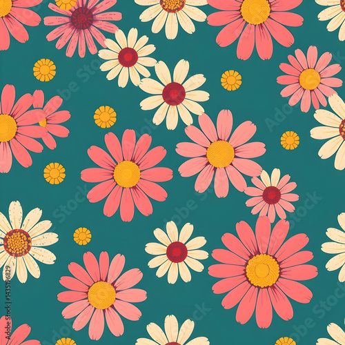 Elegant daisy rug motif with Finnish folk symmetry and softness, seamless pattern.