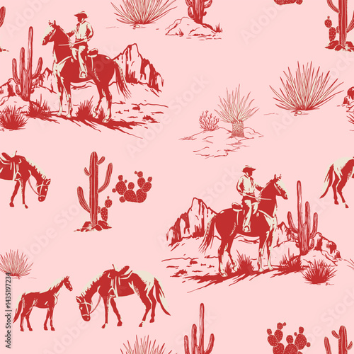 Cute Rodeo Cowboys seamless vector pattern. desert landscape with cacti repeating background. Wild West surface pattern design for All fabric and Prints