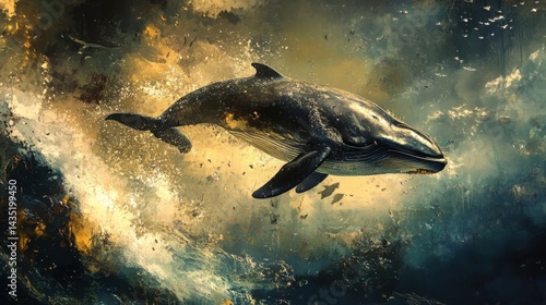 Lifelike image of a whale mid-air jump above the sea, rich textures, water splash trails and natural lighting effects