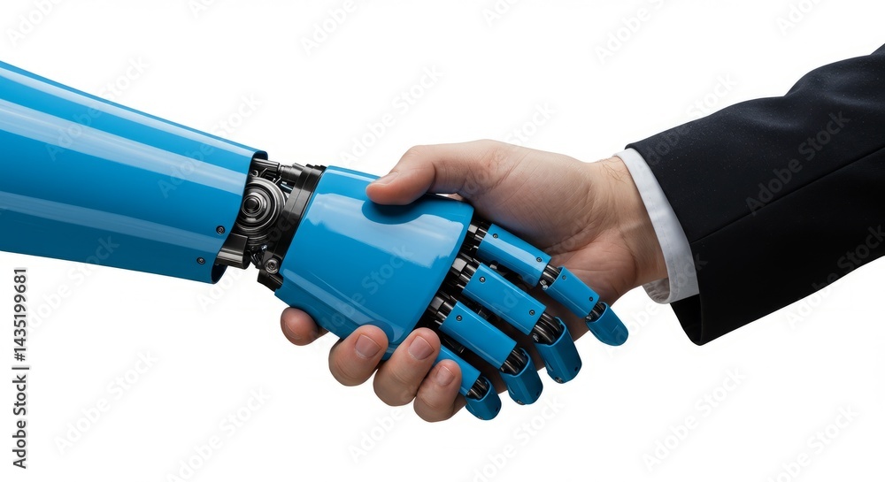 Two business a blue robot and a man in suits, seal a successful partnership with a firm handshake, a sign of agreement and effective business communication Two business a blue robot and a man in suits, seal a successful partnership with a firm handshake, a sign of agreement and effective business communication
