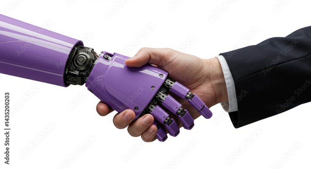 Two business a purple robot and a man in suits, seal a successful partnership with a firm handshake, a sign of agreement and effective business communication Two business a purple robot and a man in suits, seal a successful partnership with a firm handshake, a sign of agreement and effective business communication
