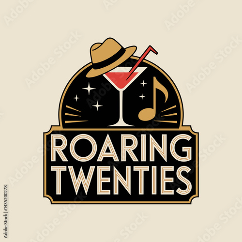 Roaring Twenties Party Badge with Jazz and Cocktail