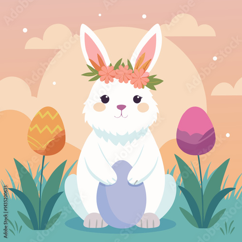 A fluffy bunny with soft white and light gray fur, sitting calmly in dewy grass under a soft golden sunrise