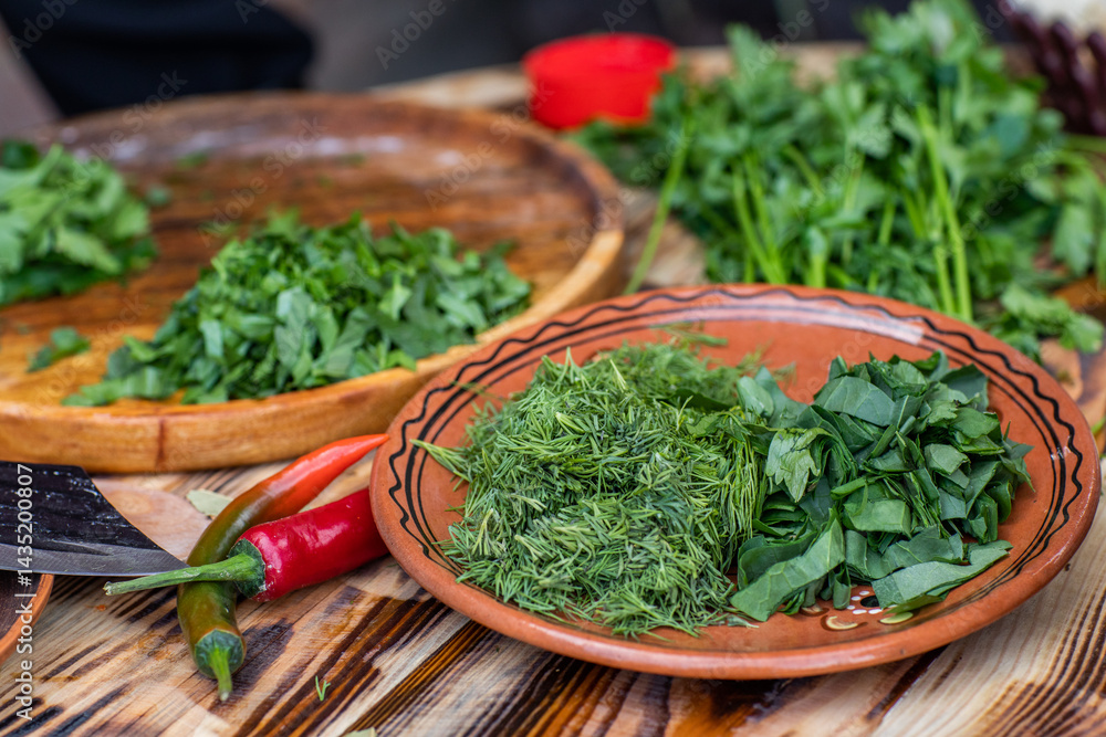 fresh greens from the garden, prepared for summer salad in the country.