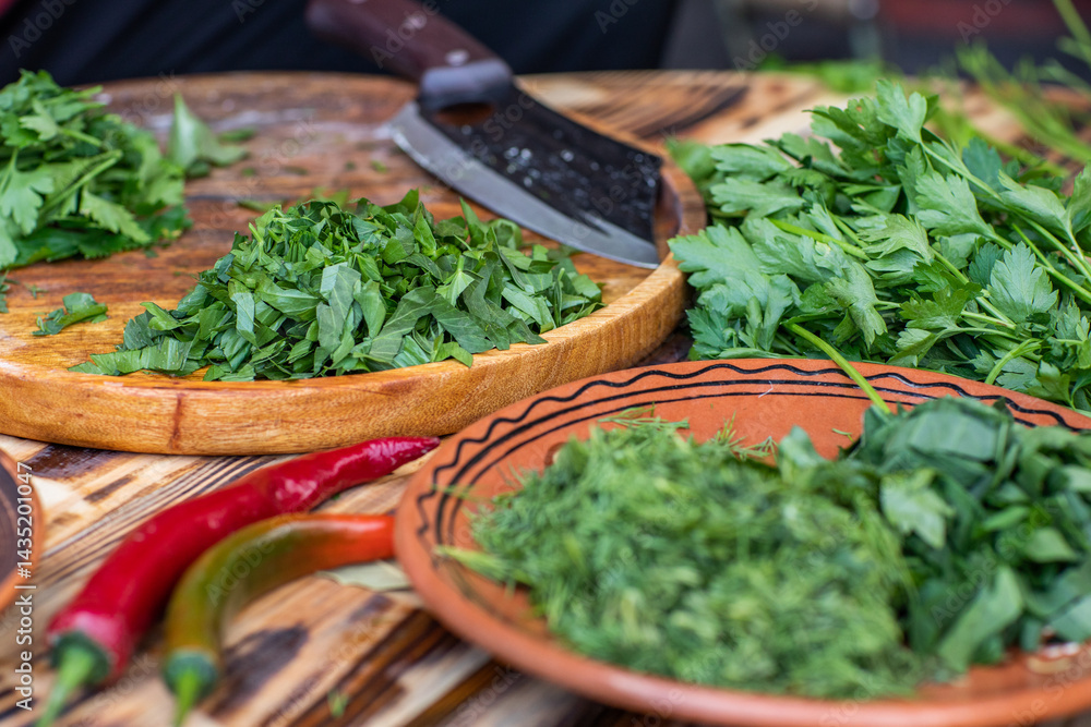 fresh greens from the garden, prepared for summer salad in the country.