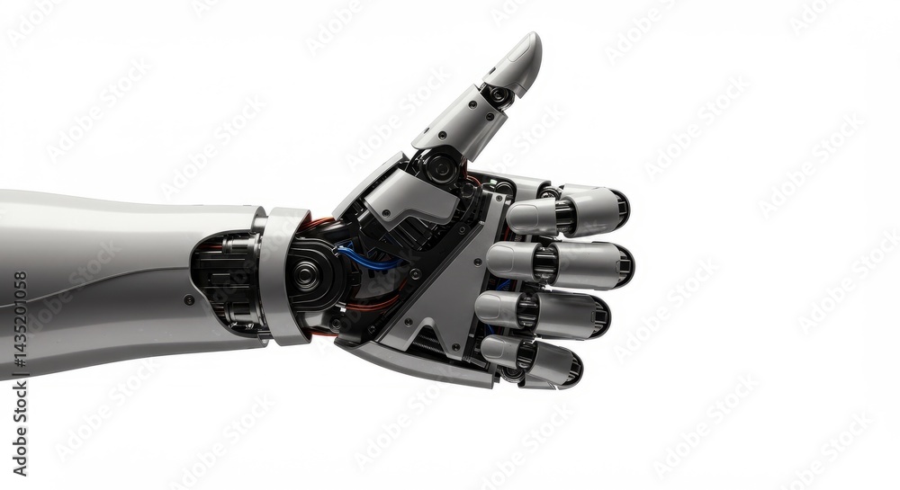 Isolated 3d robotic arm of futuristic technology with thumb up gesture sign on white background Isolated 3d robotic arm of futuristic technology with thumb up gesture sign on white background