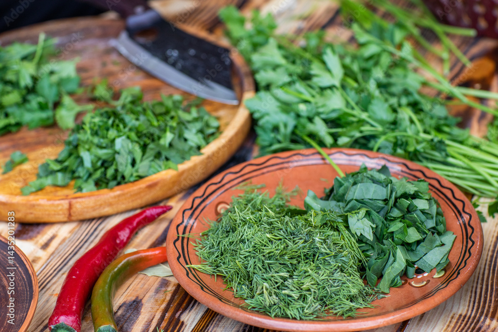 fresh greens from the garden, prepared for summer salad in the country.