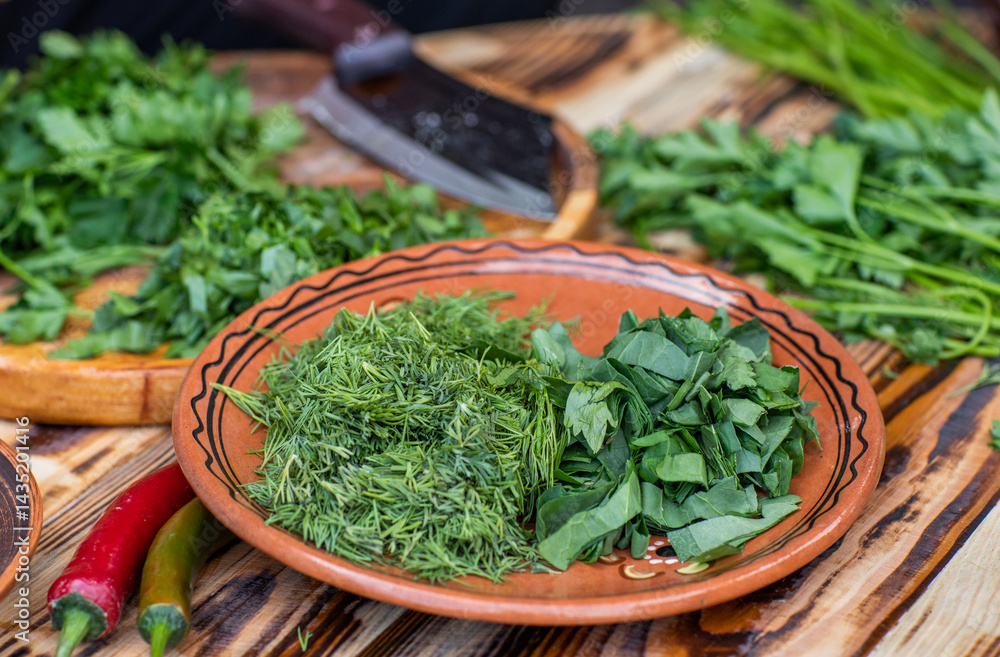 fresh greens from the garden, prepared for summer salad in the country.