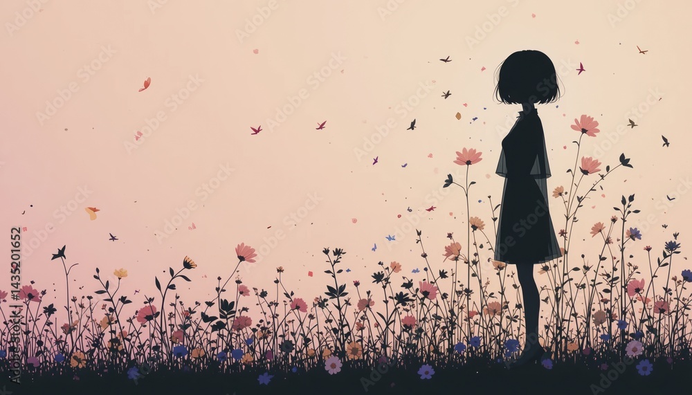 Silhouette of a girl surrounded by wildflowers at dusk artistic illustration dreamy environment whimsical viewpoint Silhouette of a girl surrounded by wildflowers at dusk artistic illustration dreamy environment whimsical viewpoint