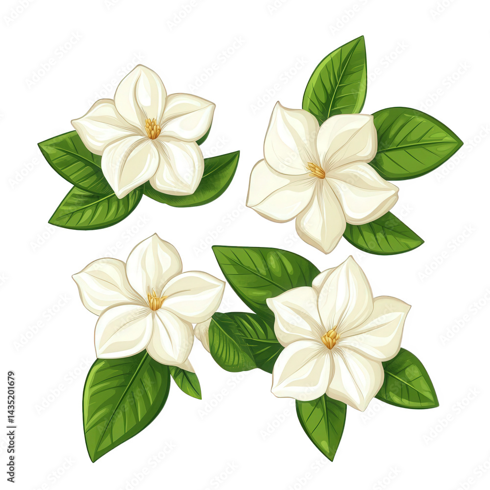 Obraz premium collection of elegant white flowers accompanied by green leaves. showcasing a serene and natural aesthetic the design is suitable for various applications such as invitations. greeting cards. or decor