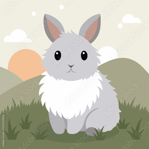 A fluffy bunny with soft white and light gray fur, sitting calmly in dewy grass under a soft golden sunrise