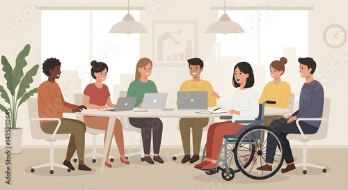 Diverse group of young professionals, including a woman in a wheelchair, participate in a meeting around a table with laptops.  