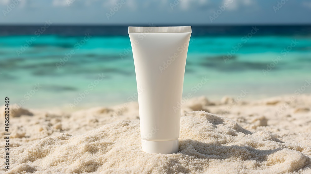 Sunscreen Tube on Tropical Beach: Summer Skincare Essentials Sunscreen Tube on Tropical Beach: Summer Skincare Essentials