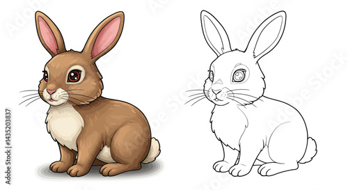 Bunny's Dual View: A charming cartoon bunny, available in both a full-color rendition and a detailed line drawing, offering a glimpse into the artistic process.