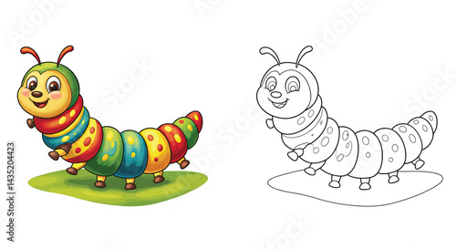 Colorful Caterpillar Cartoon with Coloring Page: Adorable caterpillar character, showcasing the vibrancy of nature's tiny creatures alongside a companion coloring page to spark creativity and fun.