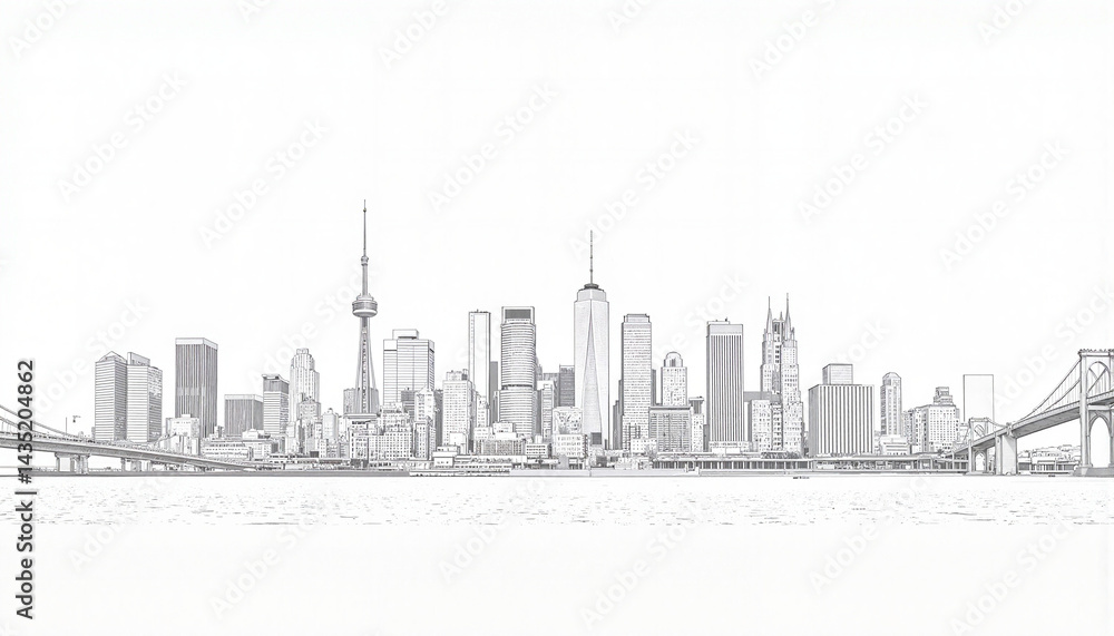 Naklejka premium City skyline illustration in monochrome style against white background 
