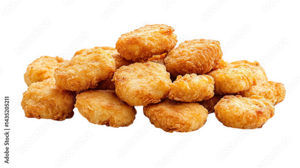 a pile of golden-brown chicken nuggets. arranged in a casual. inviting manner their crispy exterior suggests a crunchy texture. making them an appealing snack or meal option the clean white background a pile of golden-brown chicken nuggets. arranged in a casual. inviting manner their crispy exterior suggests a crunchy texture. making them an appealing snack or meal option the clean white background