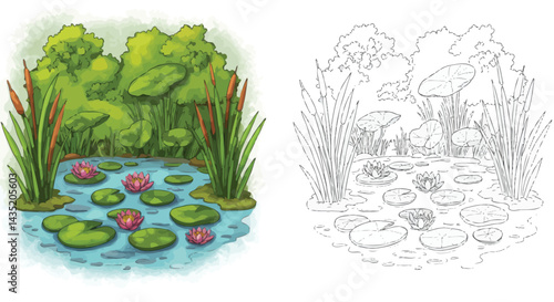 Peaceful Pond Scene: A charming illustration showcases a serene pond scene with vibrant water lilies blooming among lush green reeds and reeds, a perfect setting for a moment of peace and tranquility.