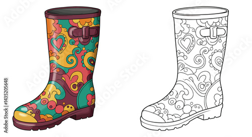Colorful Rain Boot in a Field of Delight: A vibrant, patterned rain boot, bursting with a kaleidoscope of colors and joyful designs.