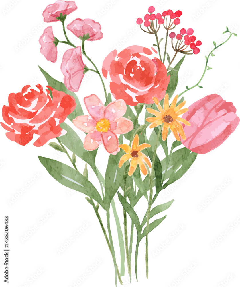 Obraz premium Watercolor Bouquet with Red Roses, Tulip, and leaves arrangement, suited for postcard, invitation design.