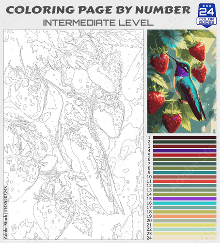 Color by Number Hummingbird with Strawberries | Printable Intermediate Coloring Page