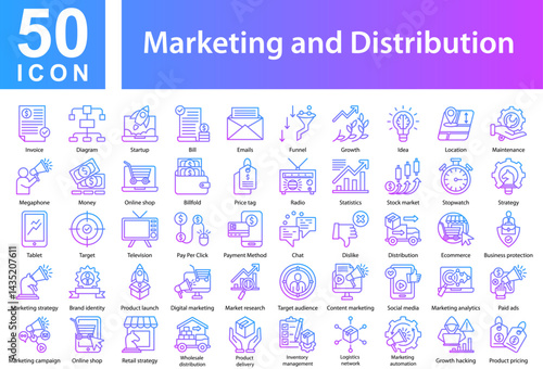 Marketing and Distribution Icon Collection and Symple Concept Outline Gradient 