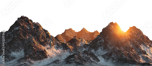 Picturesque mountains with sun rising behind peaks, isolated on transparent cutout background