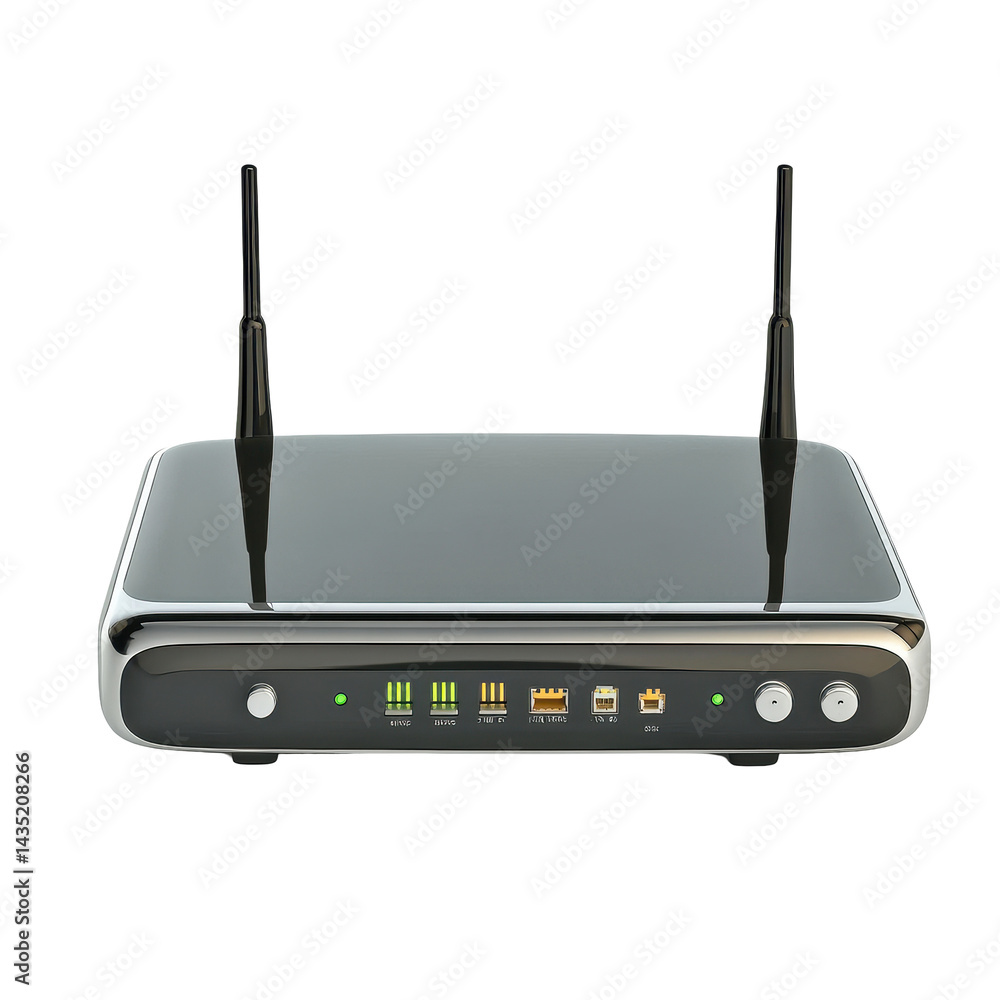 Modern modem router on a Transparent background with visible ports and antennas for enhanced connectivity, Modem , Router, PNG background Modern modem router on a Transparent background with visible ports and antennas for enhanced connectivity, Modem , Router, PNG background