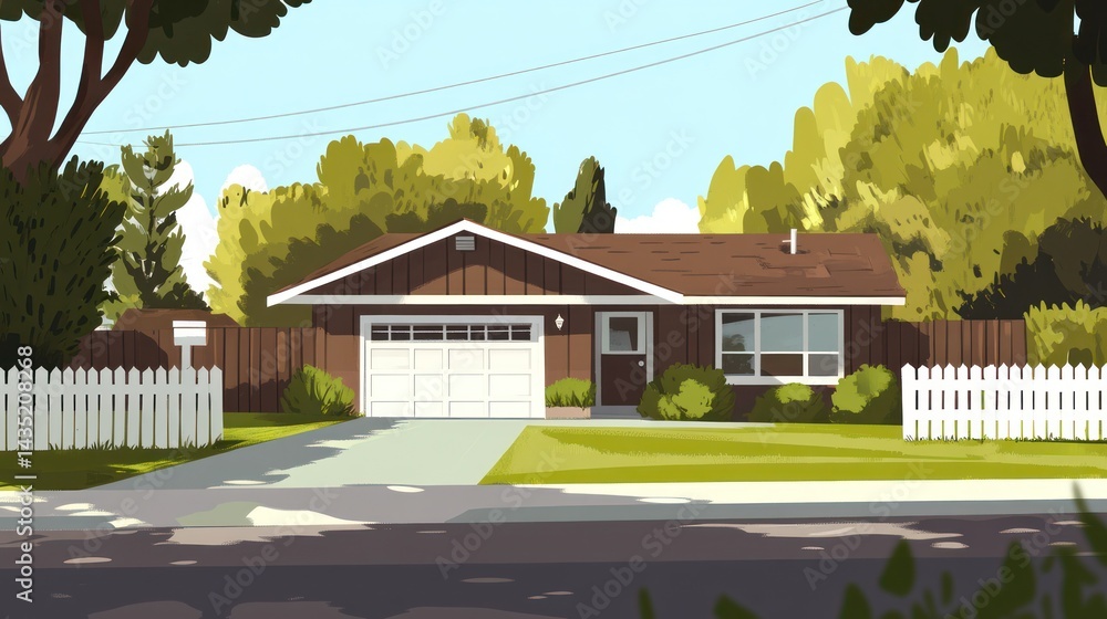 Naklejka premium Suburban House Under Trees, Peaceful Day, Potential Stock Photo