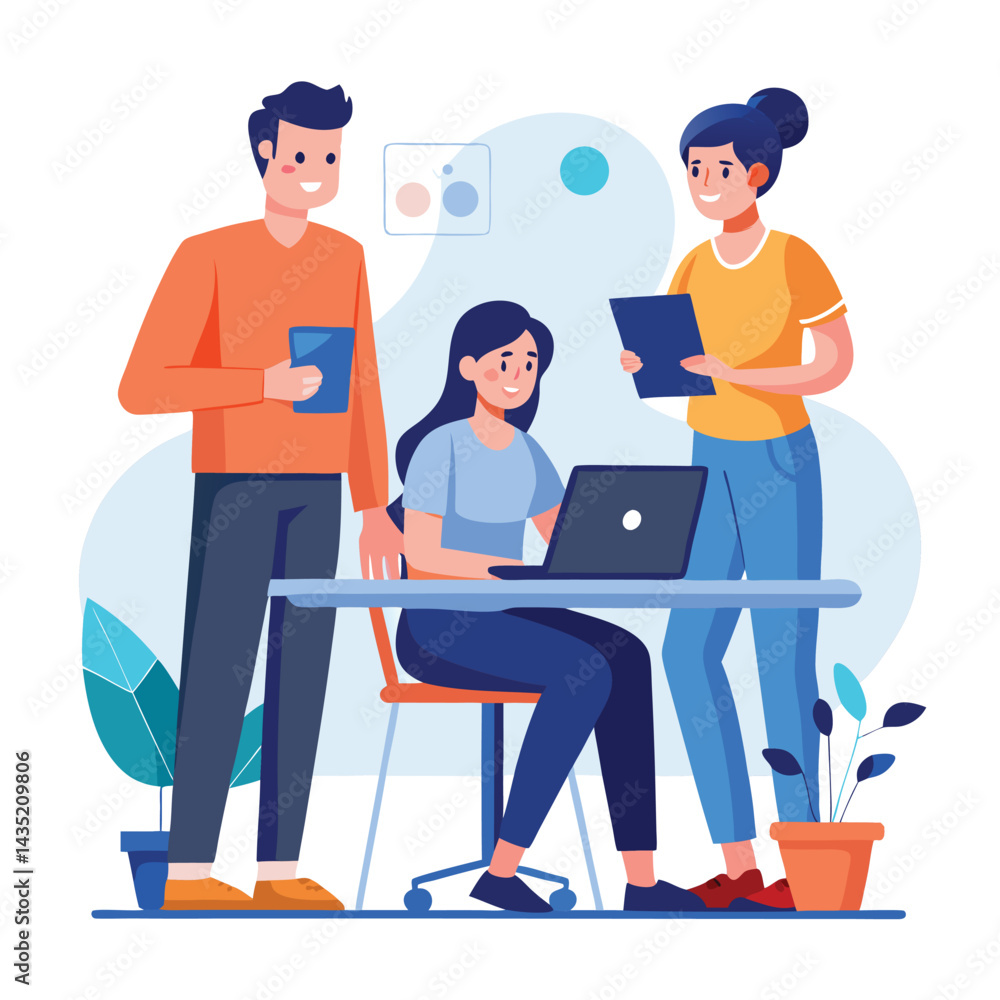 man sitting at his desk working on laptop, with woman standing near him holding phone, designed in flat style vector
man sitting at his desk working on laptop, with woman standing near him holding phone, designed in flat style vector