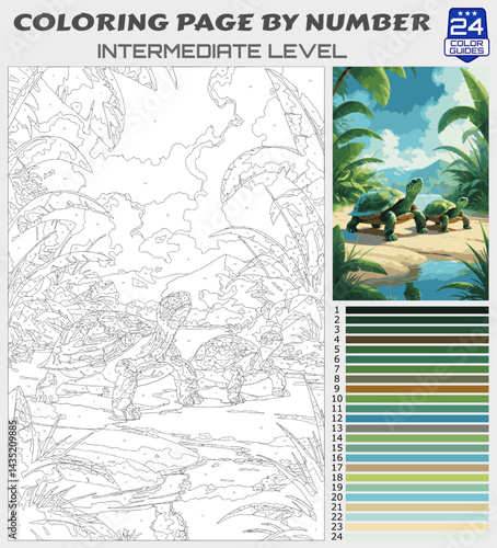 Turtle Family Coloring Page by Number | Tropical Nature Scene | Intermediate Printable