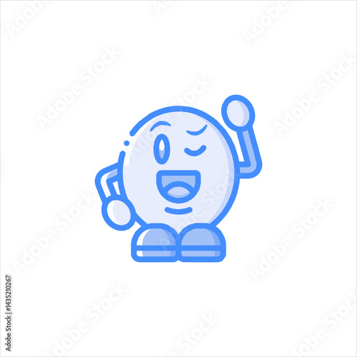 Winking cartoon character with cheerful expression stands on white background, radiating positivity and playful energy.