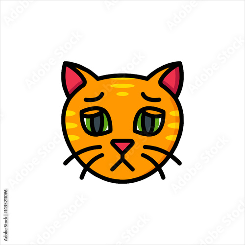 Sad orange cat with green eyes looking down with a forlorn expression on a white canvas, portraying loneliness and melancholy.