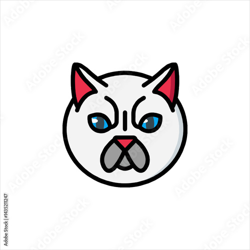 Grumpy white cat stares intensely with blue eyes against a plain white backdrop, portraying a humorous and slightly annoyed feline expression.