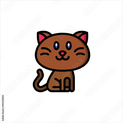Cute brown cat sitting patiently on white surface with happy expression, creating a simple and charming cartoon image for children's content.