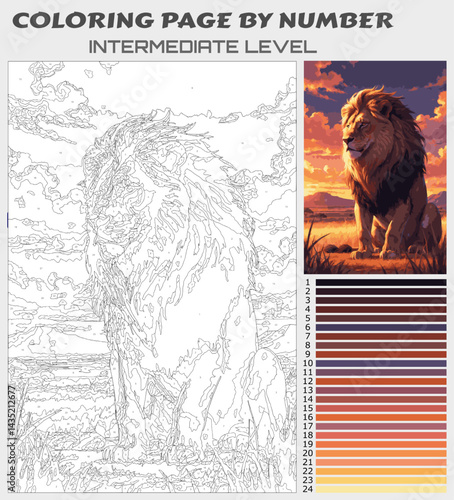 Sunset Lion Coloring Page by Number | Serene Wildlife Scene | Intermediate Level Printable